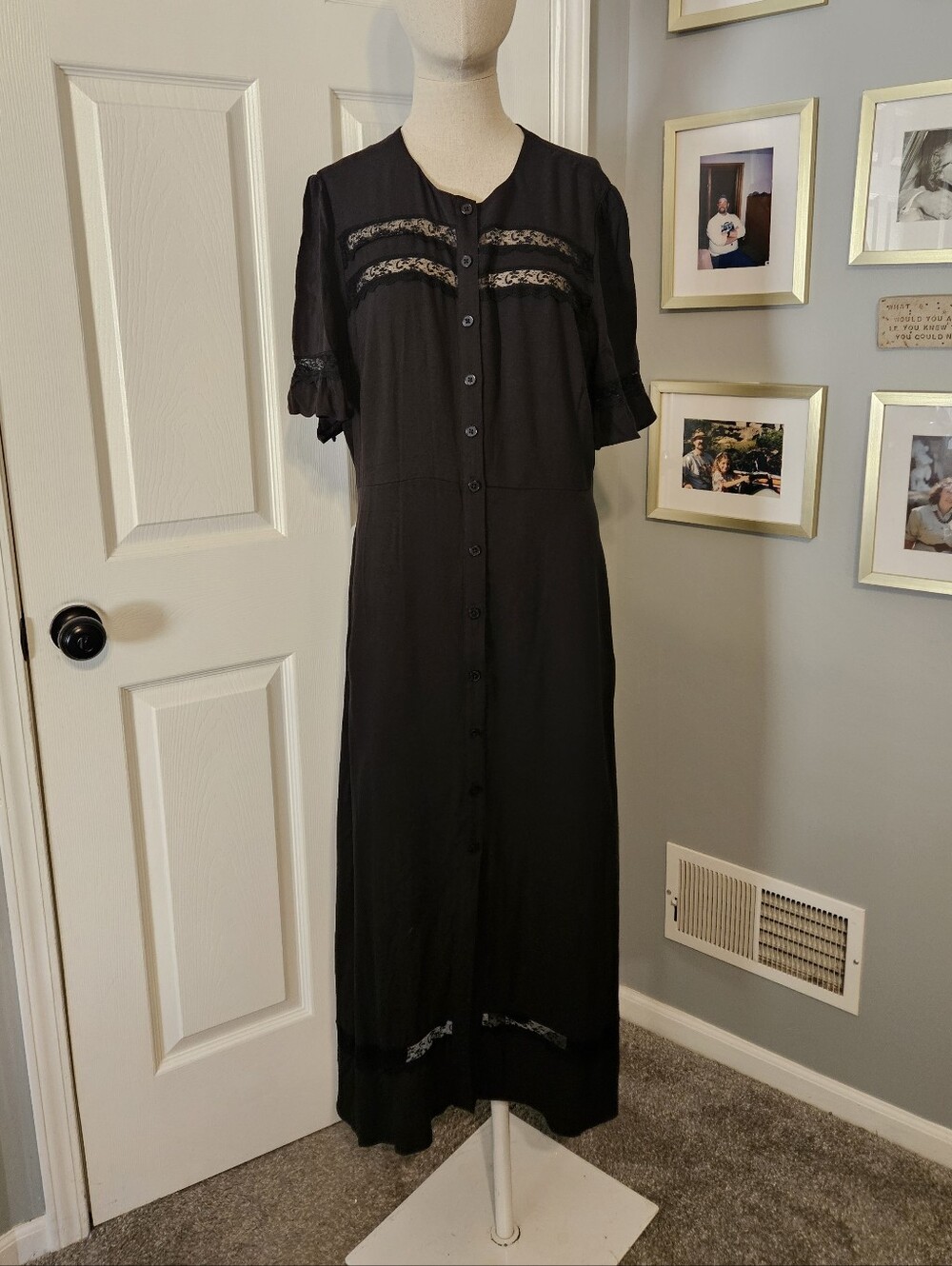 Quince Black Button-Front Maxi Dress with Lace Insets